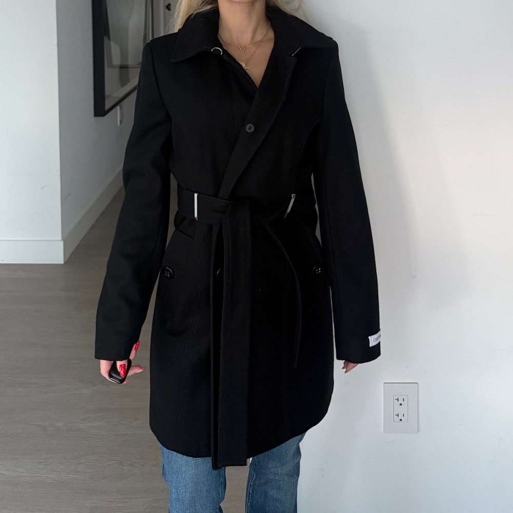 Calvin Klein Hooded Belted Wool Coat